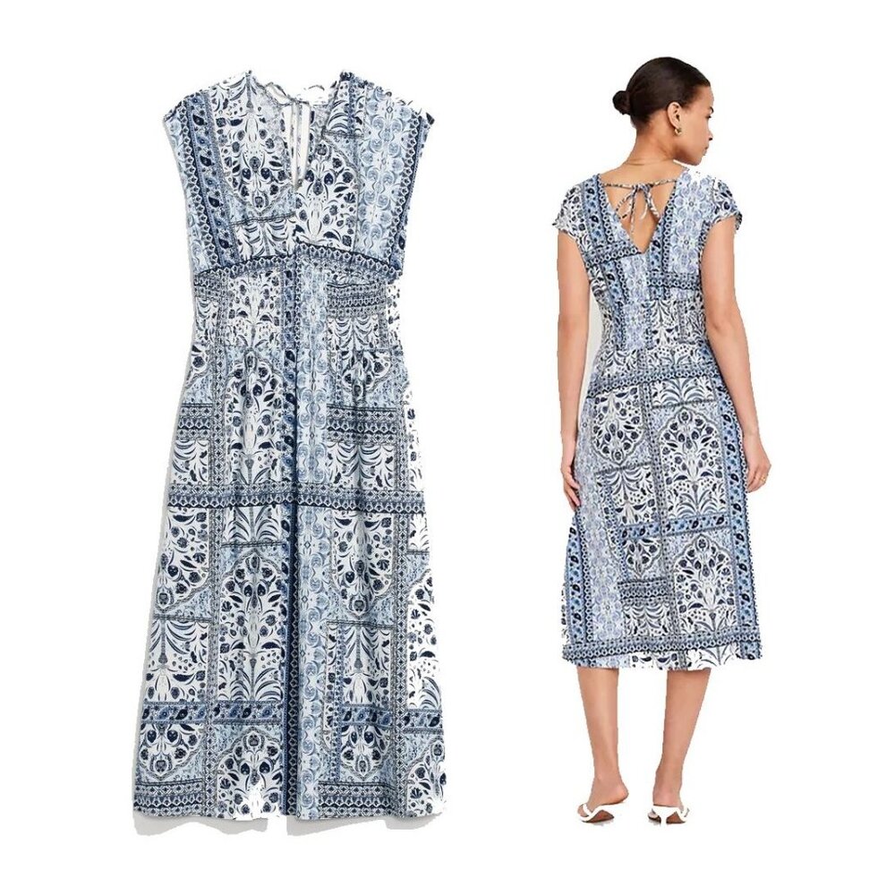 Old Navy PLUS 2X Blue Paisley Waist Defined Midi‎ Dress Cottagecore Festival
